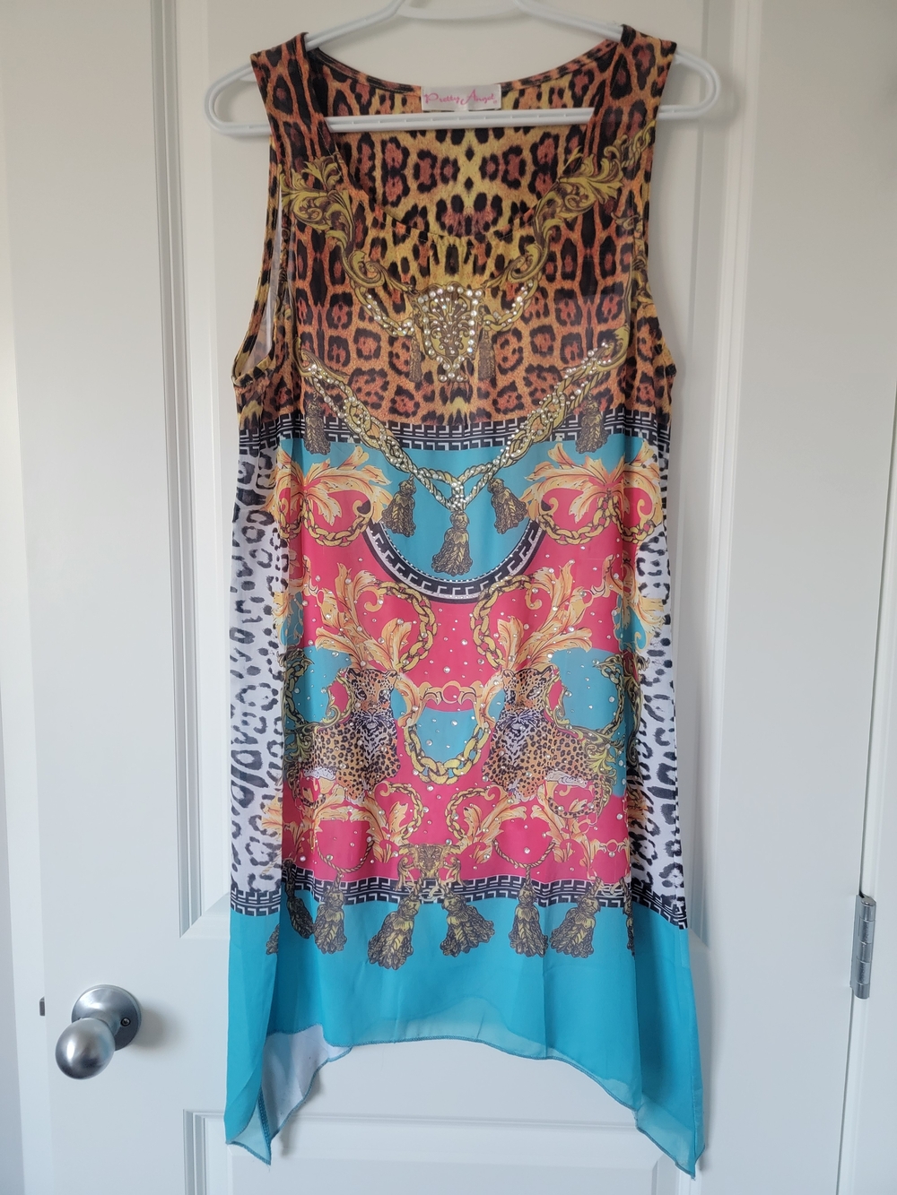 Pretty Angel Tropical Leopard Print Baroque Silk Dress - Teal, Pink & Brown